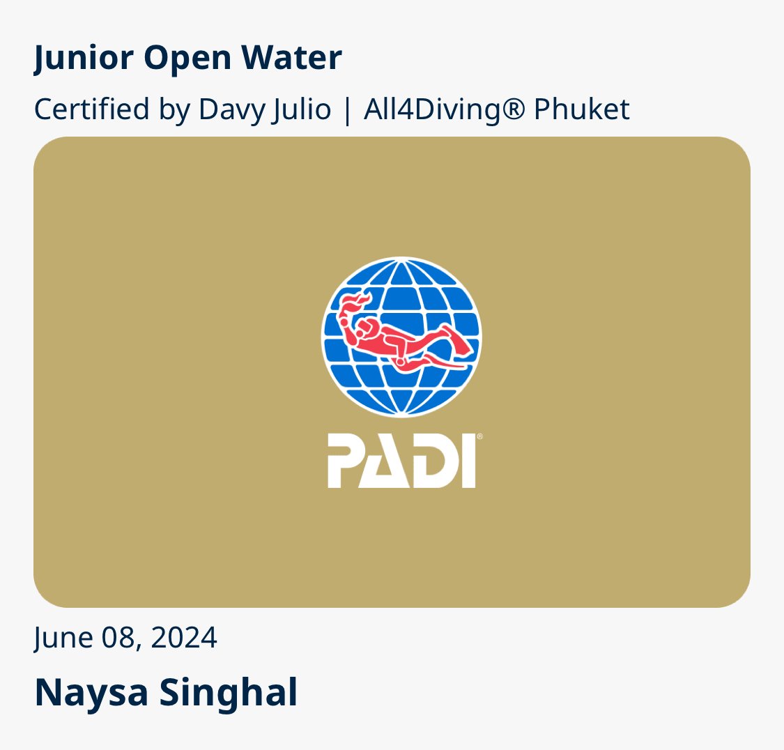 PADI Junior Open Water certification card