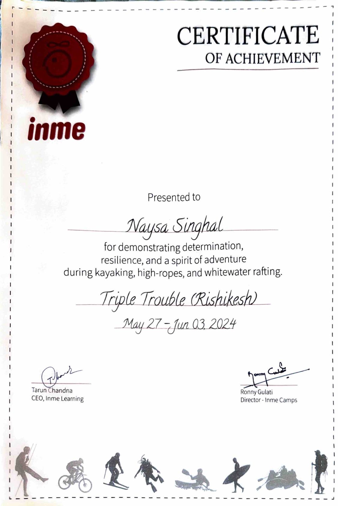 Inme certificate for kayaking, high ropes and whitewater rafting in Rishikesh