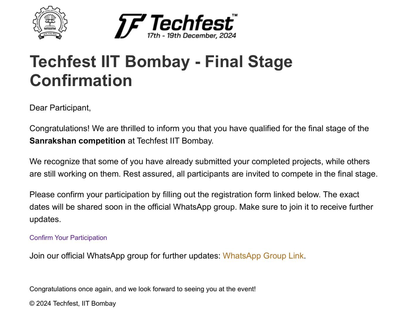 Techfest IIT Bombay final stage confirmation email for Sanrakshan