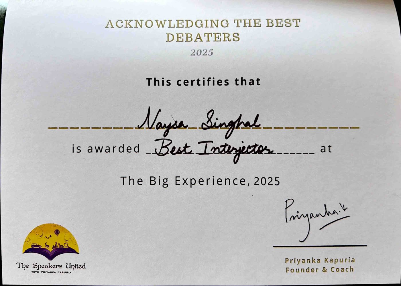 Certificate: Best Interjector at The Big Experience 2025