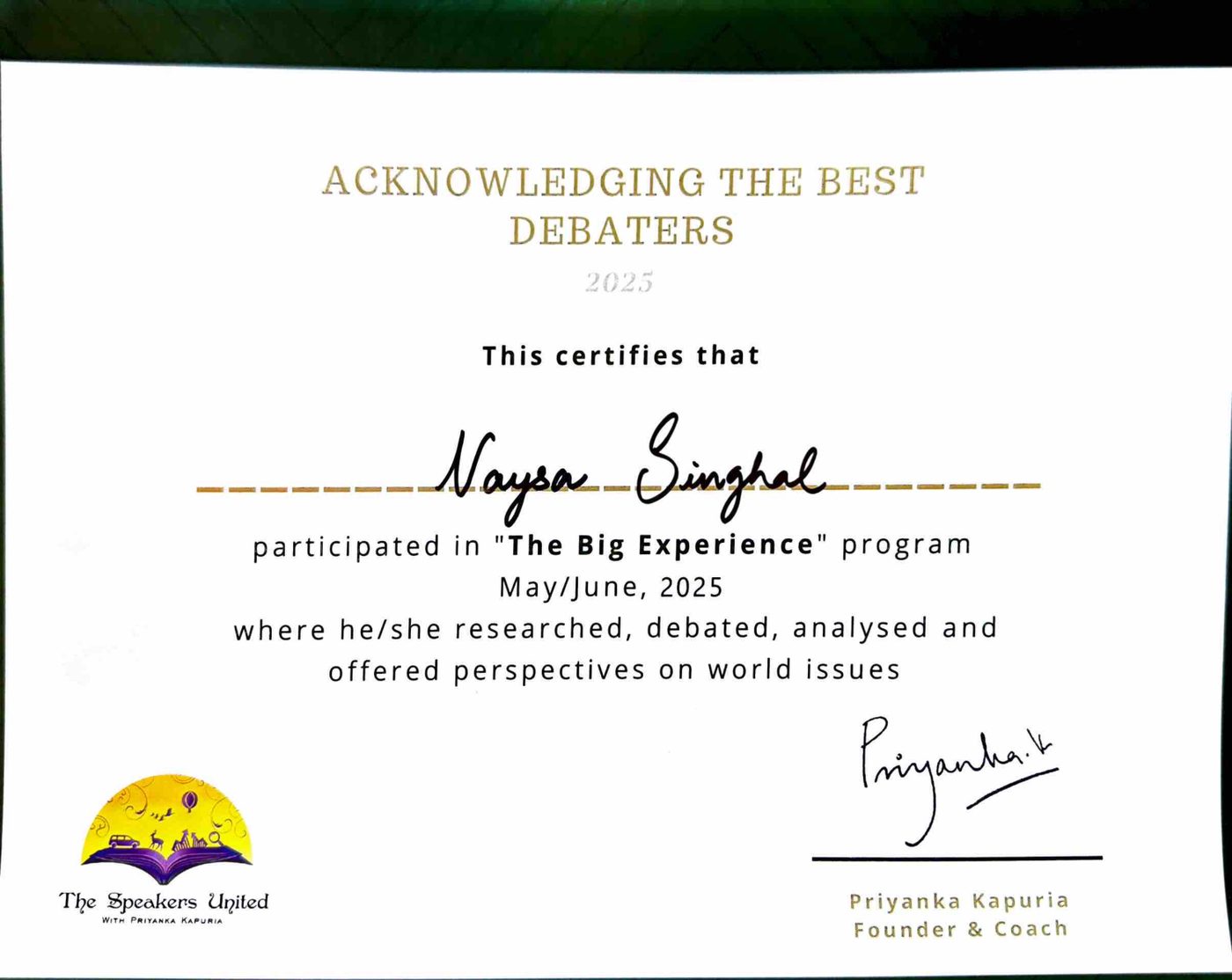 Certificate of participation in The Big Experience 2025