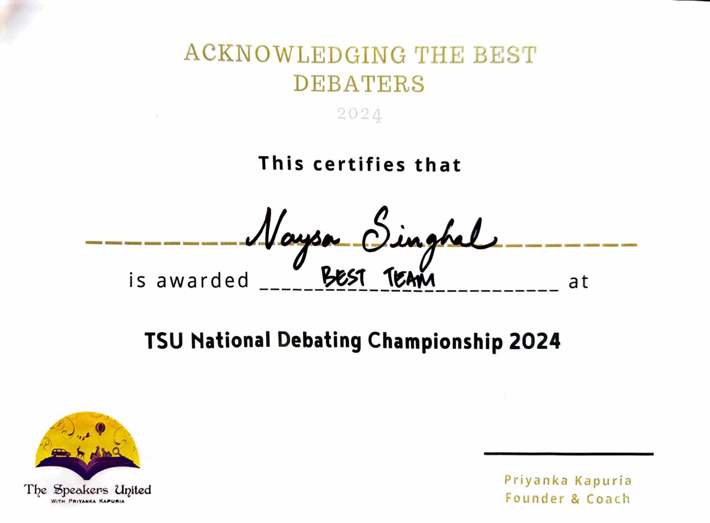 Certificate: Best Team at the TSU National Debating Championship 2024