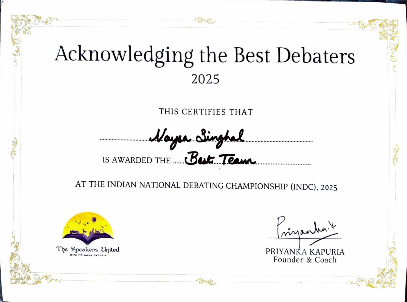 Certificate: Best Team at the Indian National Debating Championship 2025
