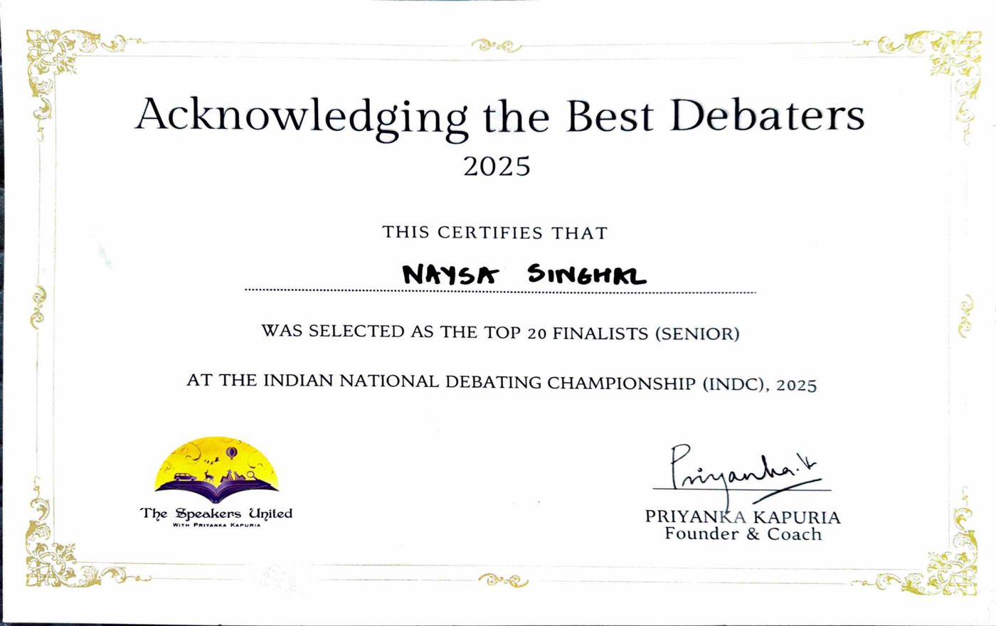 Certificate: Top 20 finalist, Senior, at INDC 2025