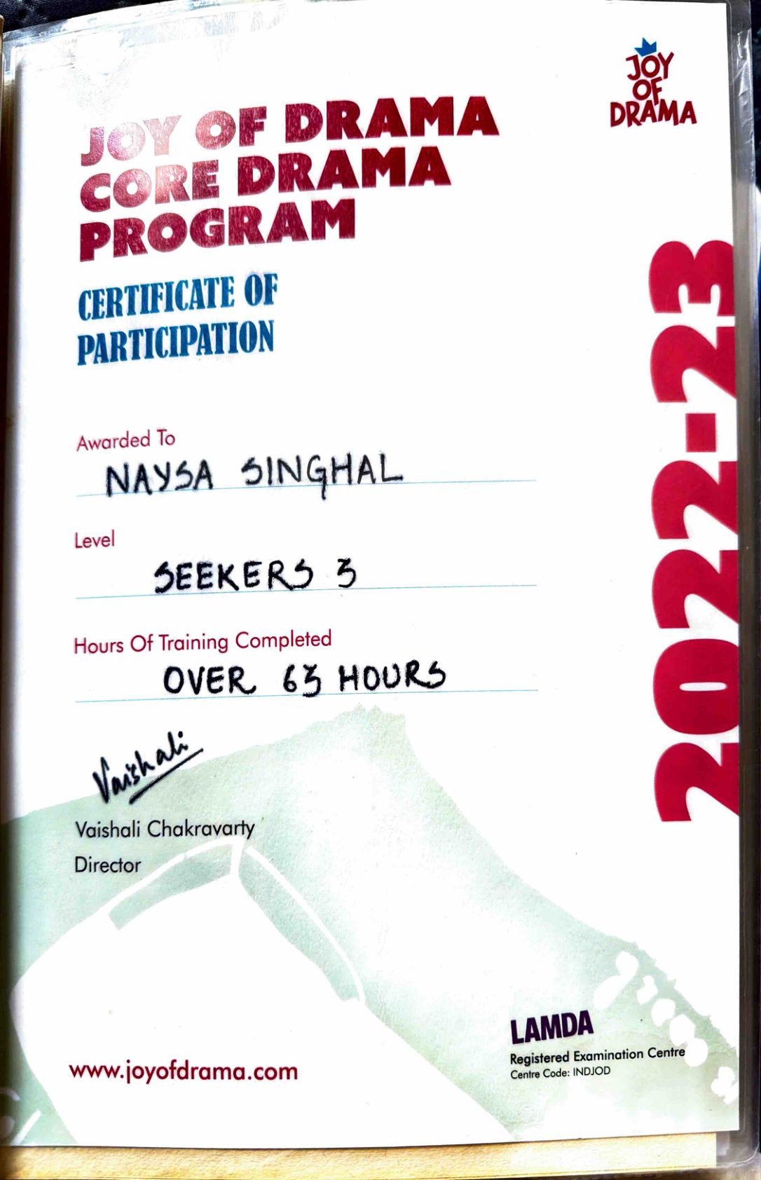 Joy of Drama Core Drama Program certificate of participation 2022-23