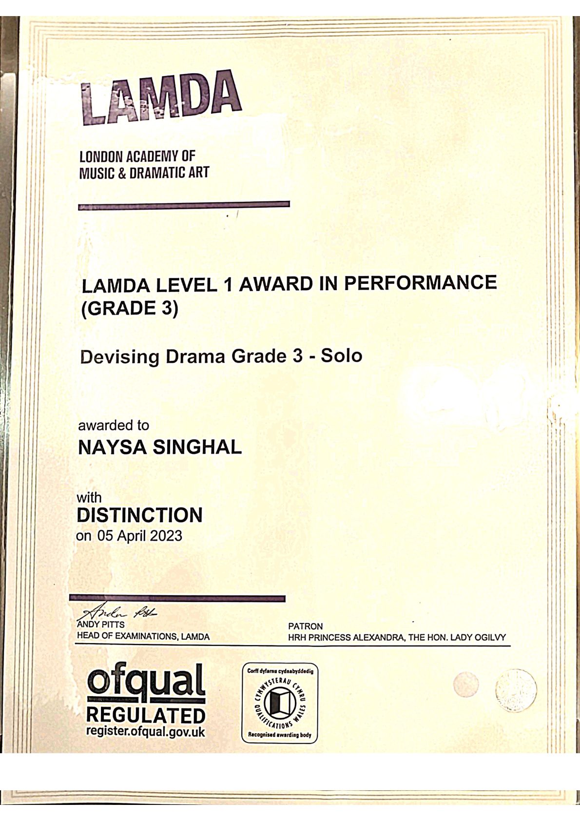 LAMDA Level 1 Award in Performance, Grade 3, Distinction