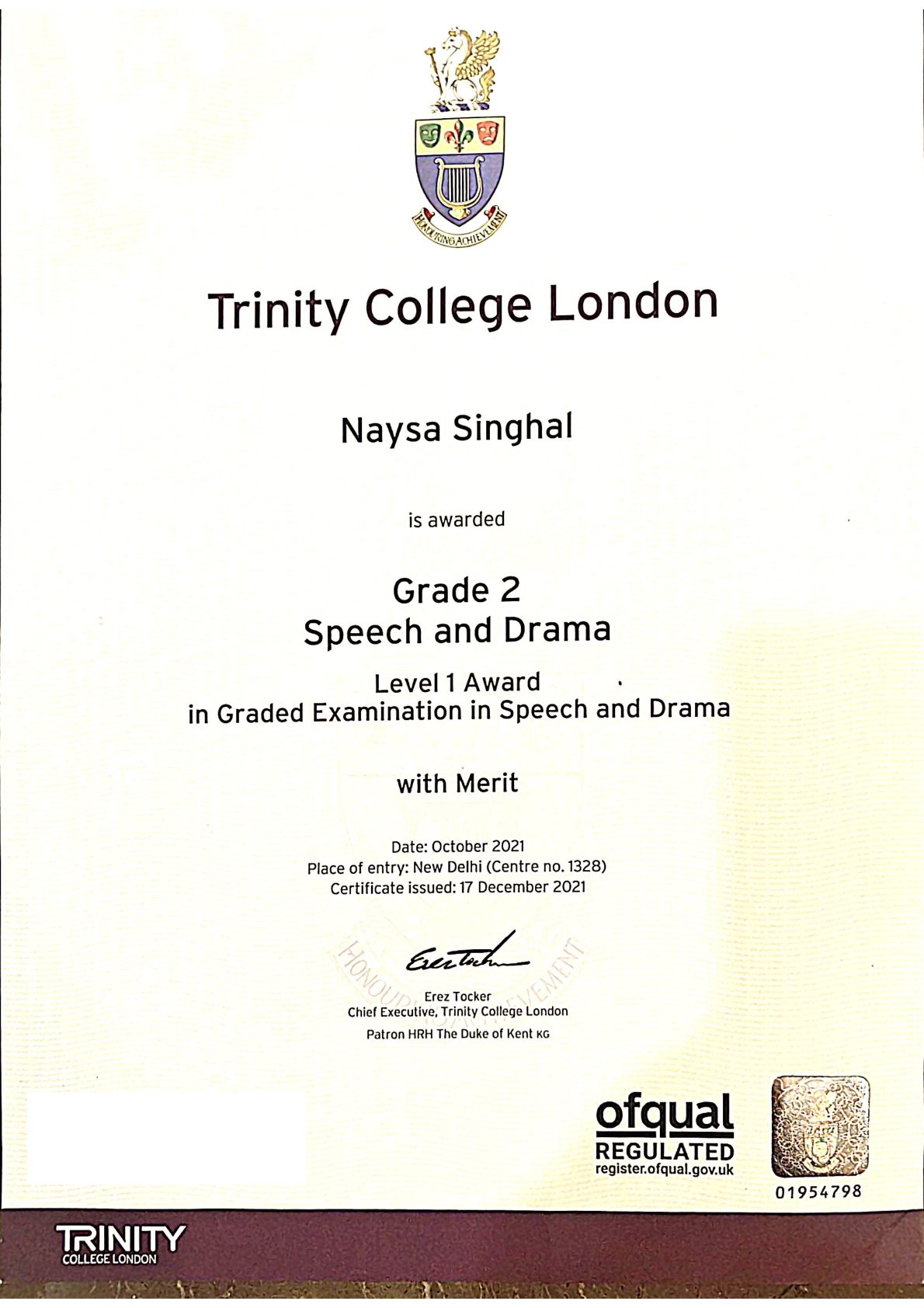 Trinity College London Grade 2 Speech and Drama with Merit