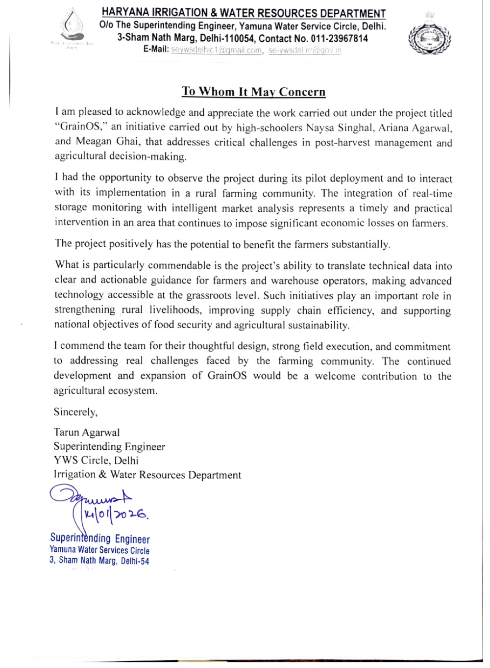 Letter of appreciation from the Haryana Irrigation and Water Resources Department