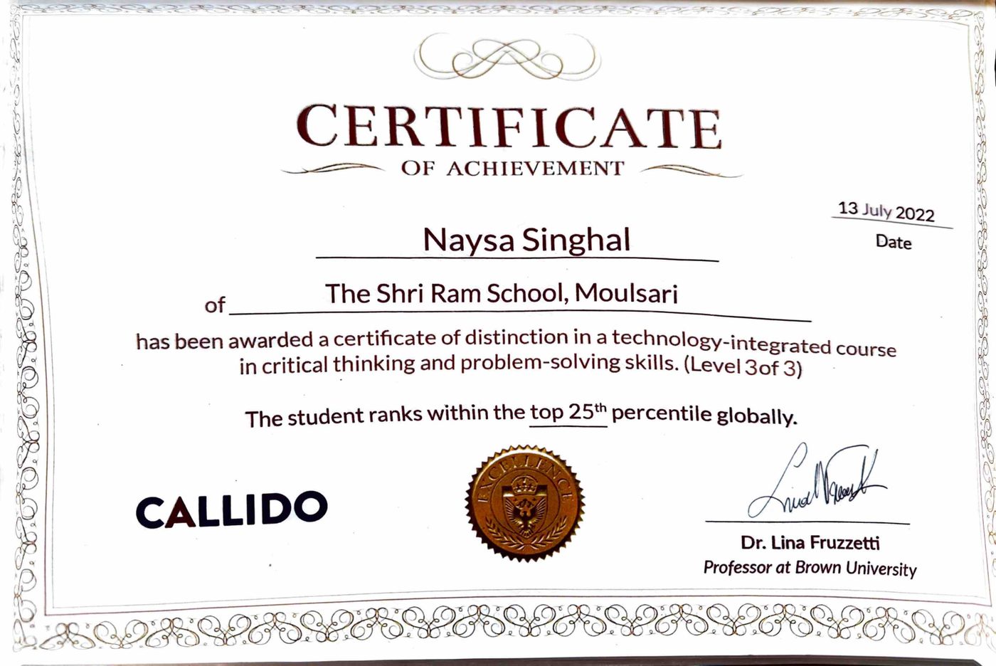 Callido certificate of achievement, top 25th percentile globally