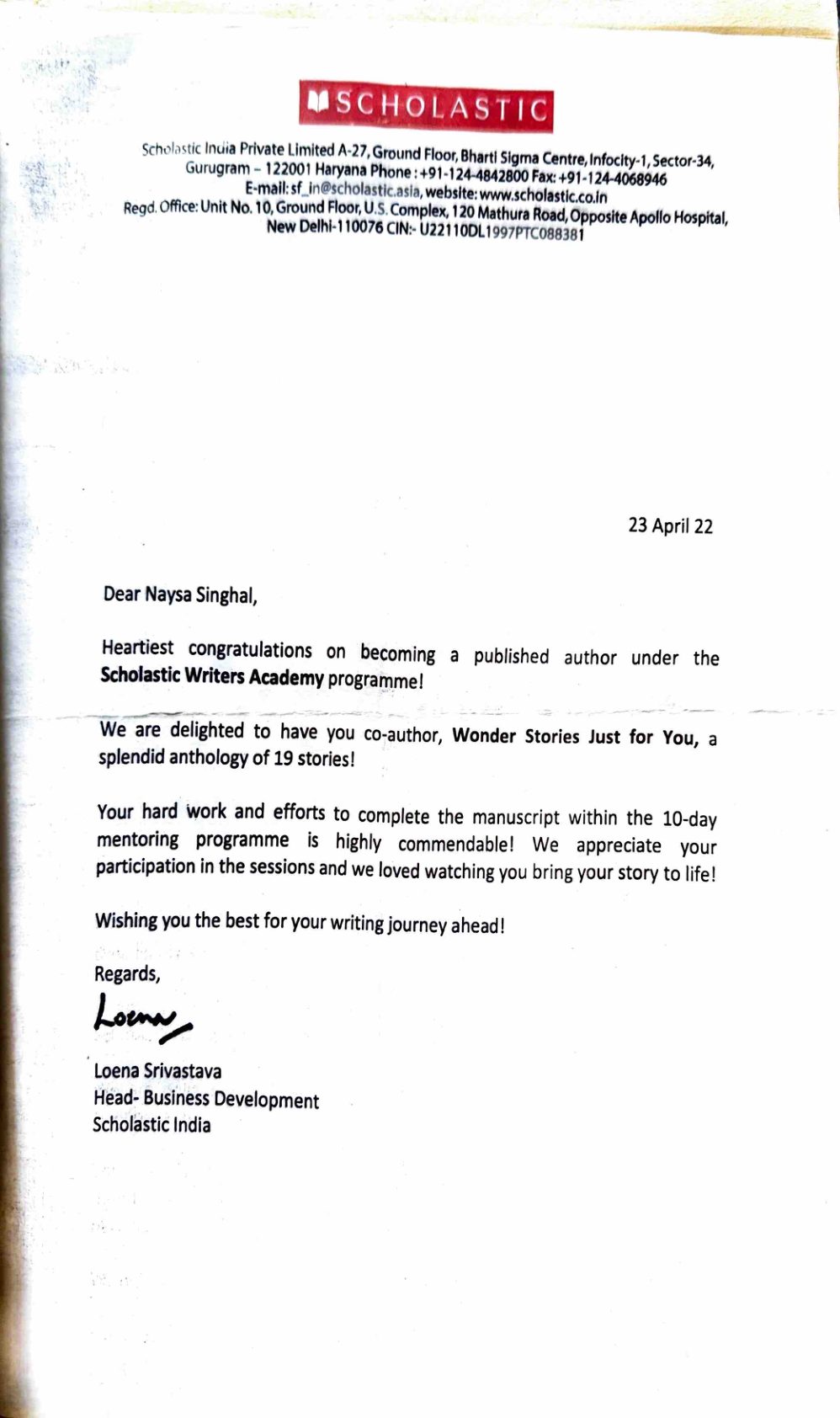 Scholastic letter congratulating Naysa as a published co-author